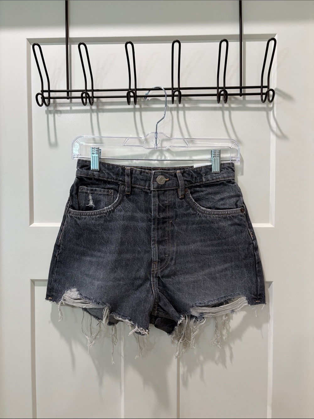 Zara Black Distressed High-Rise Denim Shorts